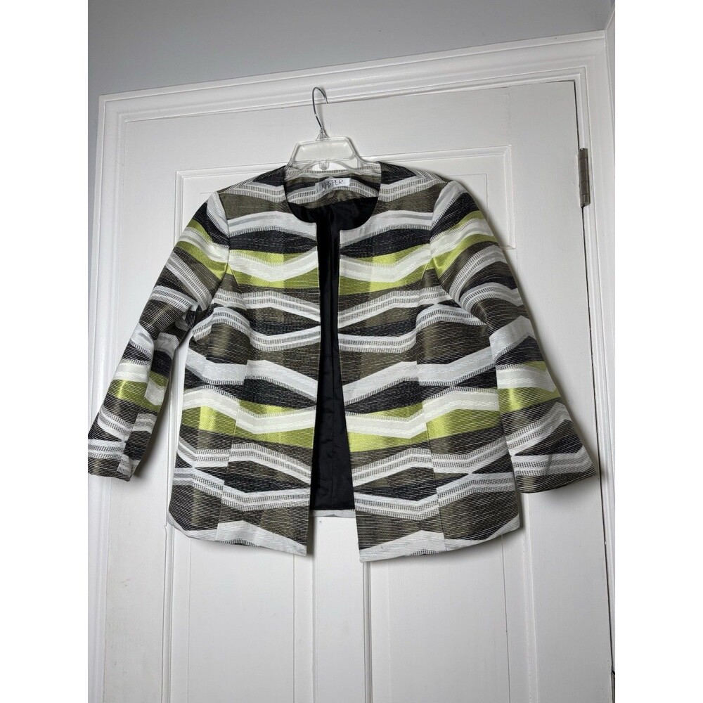Kasper Womens 14 Green/Brown/Cream Striped Textured Open Collarless Blazer